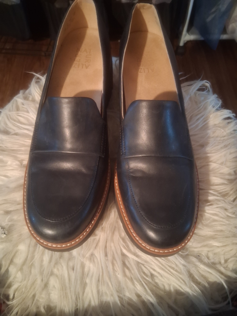 Naturalizer Black Leather Slip-On Loafers with Tan Welt